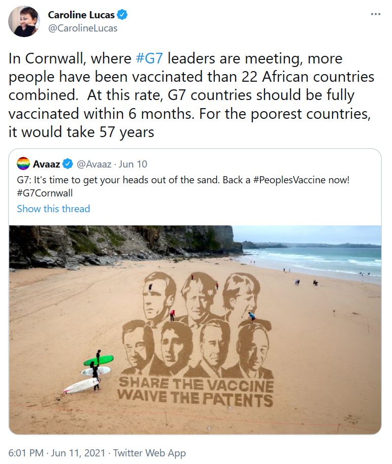 Caroline Lucas tweet to G7 re vaccines - enlarge